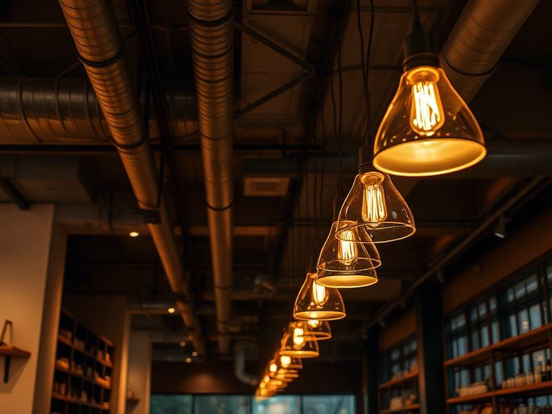 Industrial pendant lighting and exposed conduit in a commercial space