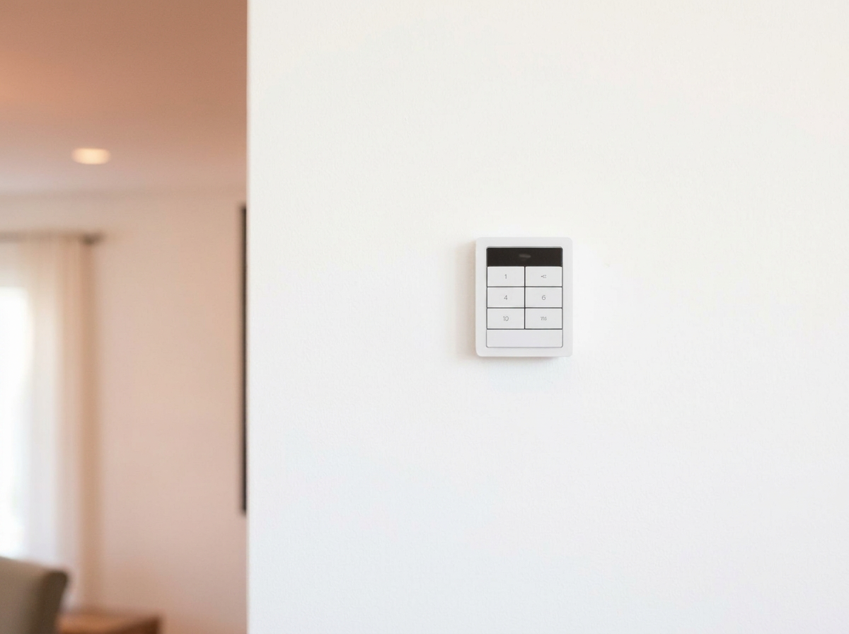 Minimalist smart home lighting keypad on a white wall